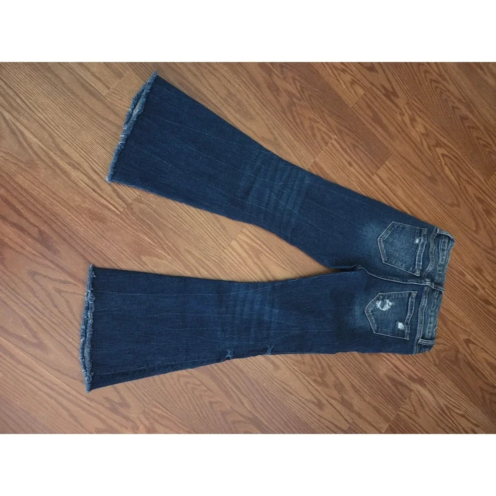 Flying Monkey Youth Girls Mid Rise Flare Jeans Dark Wash Distressed Raw Hem 10